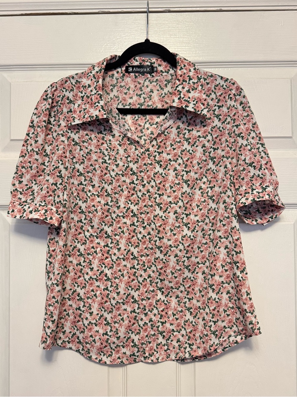 Allegra K Pink Floral Collared Short-Sleeve Blouse